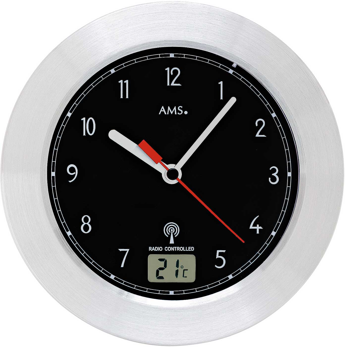 AMS Wall Clock Aluminum • Precise Radio-Controlled Movement • Integrated Temperature Display