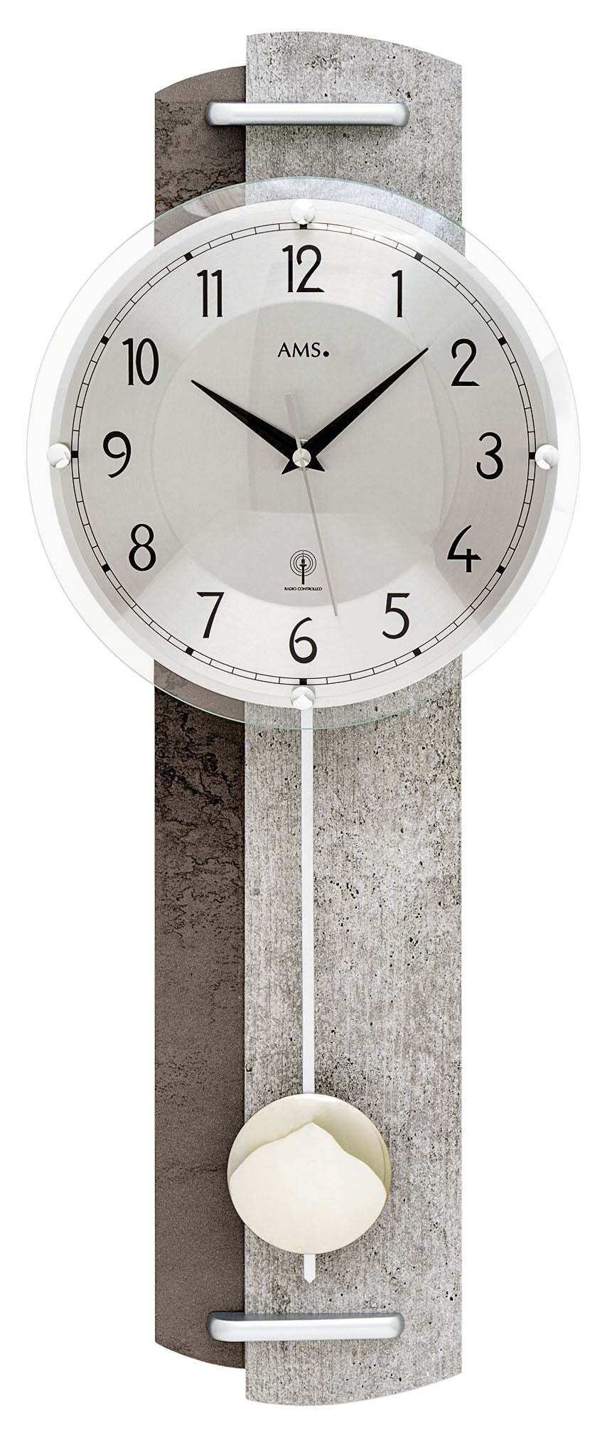 AMS Wanduhr Holz • Moderne Stein-Optik • Funk-Pendelwerk