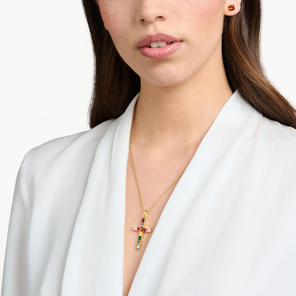 Pendant Cross with Colorful Stones - 750 Yellow Gold Plating