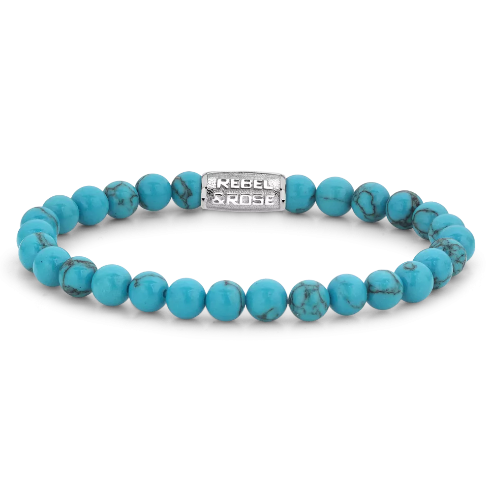 Armband aus 6mm Turqurenit-Edelsteinen mit Edelstahlverschluss - Rebel&Rose Modell: RR-60015-S-M
