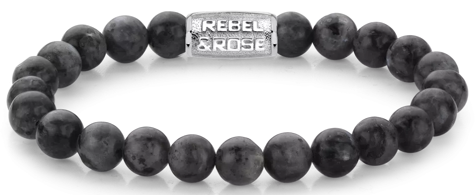 Armband aus 8mm großen Larvikit-Steinen mit Edelstahlverschluss - Rebel&Rose Modell: RR-80026-S-M