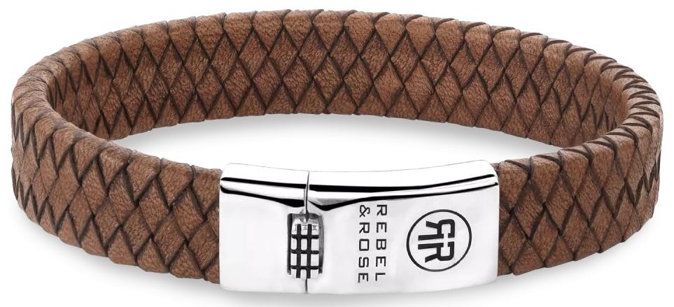 Armband aus 12mm dickem, braunem Leder mit Silberverschluss - Rebel&Rose Modell: RR-L0157-S-L