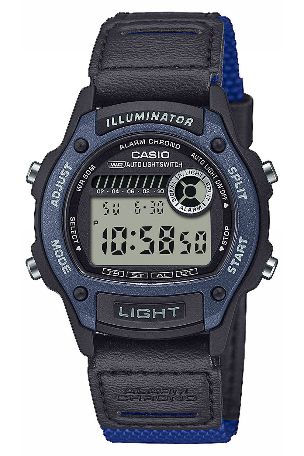 Zegarek cyfrowy Casio W-220HF-2AVEF z niebieskim paskiem, podświetlanym wyświetlaczem oraz funkcjami stopera i alarmu