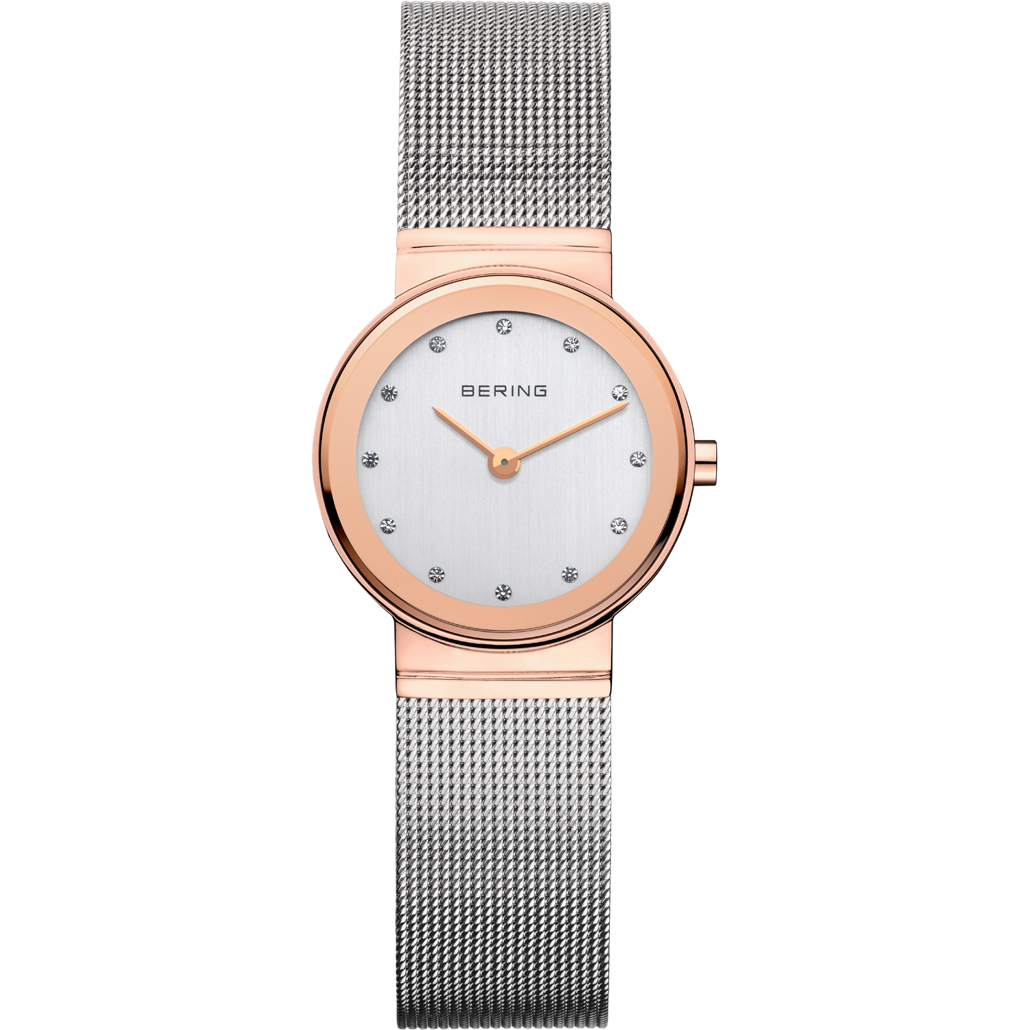 Bering Damenuhr in Roségold mit silbernem Zifferblatt und Milanaise-Armband