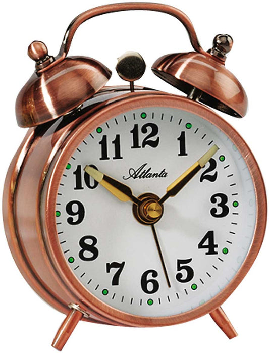 Atlanta Mechanical Twin Bell Alarm Clock 14 cm Height Metal Copper • Manual Wind • Luminous Hands
