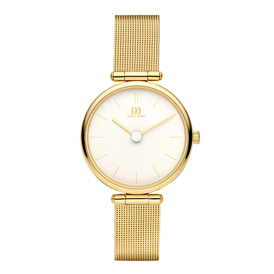 Danish Design Pure Damenarmbanduhr mit goldfarbenem Mesh-Armband und hellem Zifferblatt