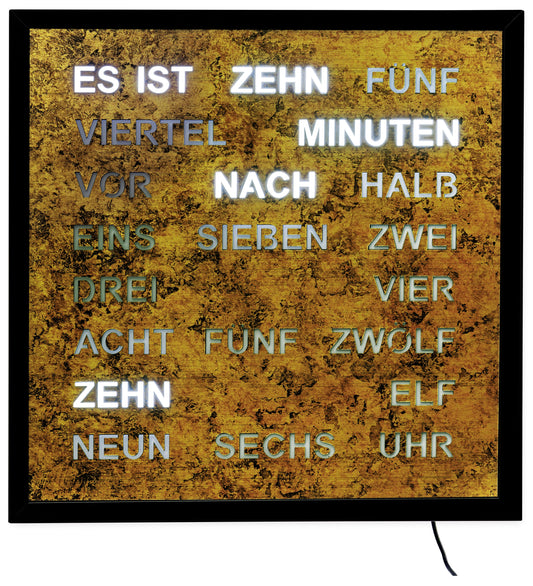 AMS Wanduhr 40x40x4 cm Holz/Metall • Präzises Quarz-Uhrwerk • Innovatives Wortuhr-Design