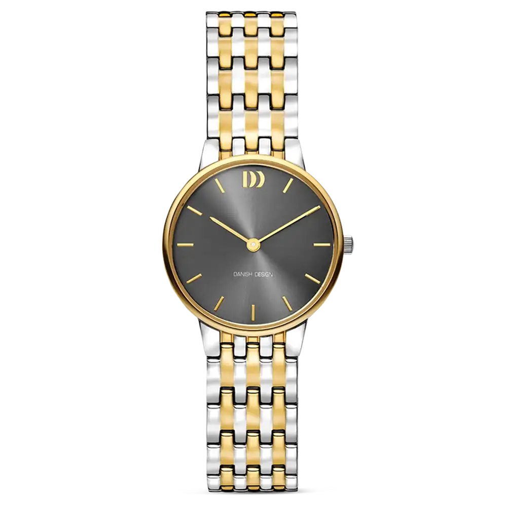 Zegarek damski z dwukolorową bransoletą ze srebra i złota, okrągła ciemnoszara tarcza