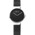 Damenuhr mit schwarzem Zifferblatt, silbernem Gehäuse und Milanaise-Armband
