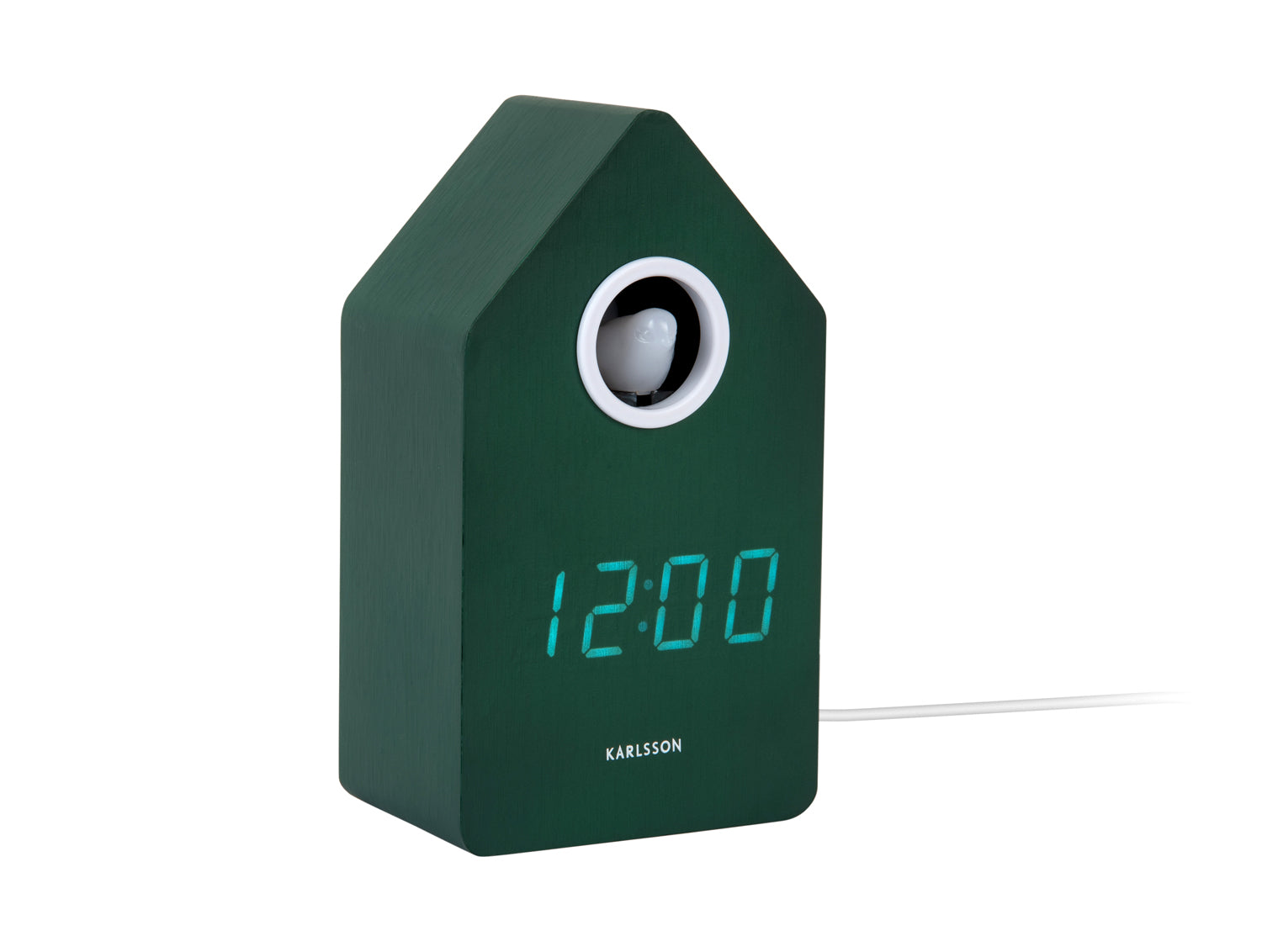 Retro budzik z kukułką LED w zielonej obudowie w kształcie domku, z okrągłym oknem i wyświetlaczem 12:00