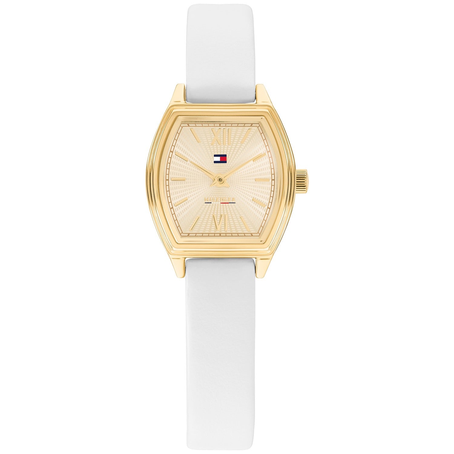 Tommy Hilfiger Norah Damenuhr mit weißem Lederarmband und goldfarbenem Eckgehäuse