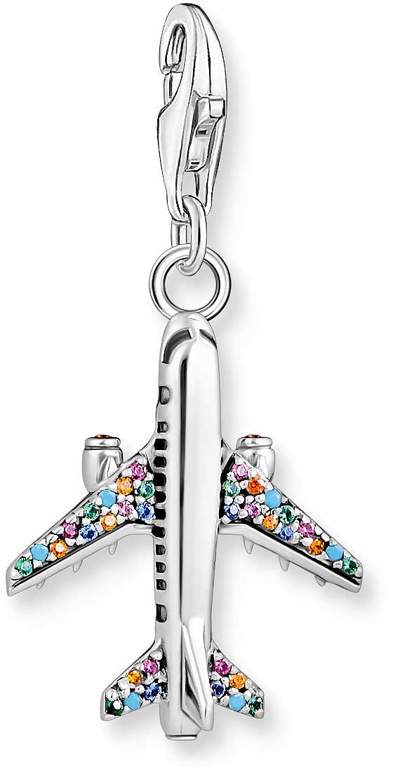 Charm Anhänger 3D Flugzeug mit bunten Steinen - 925 Sterlingsilber