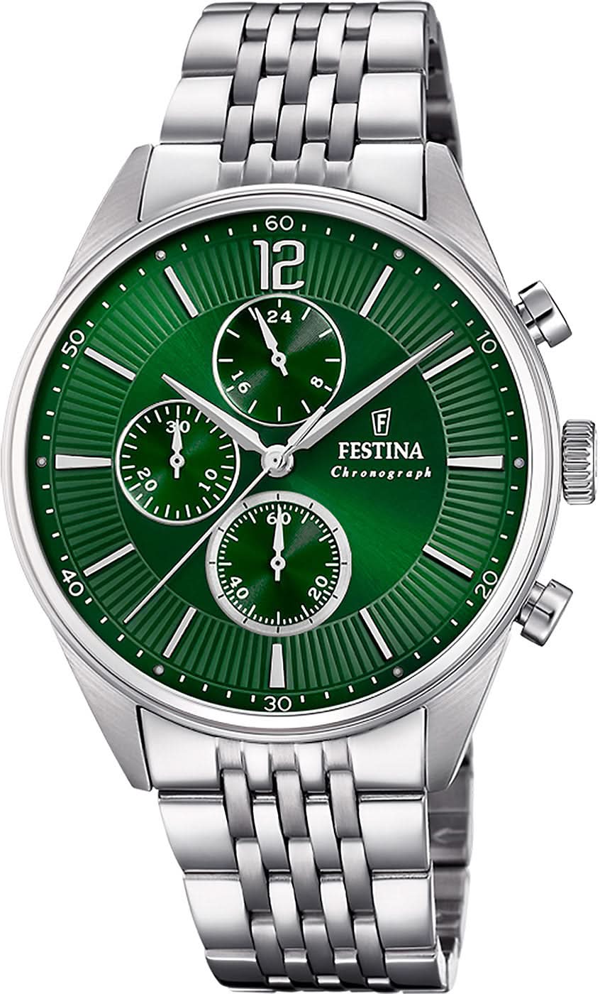 Męski zegarek chronograf z bransoletą ze stali szlachetnej i zieloną tarczą, trzy subtarcze chronografu