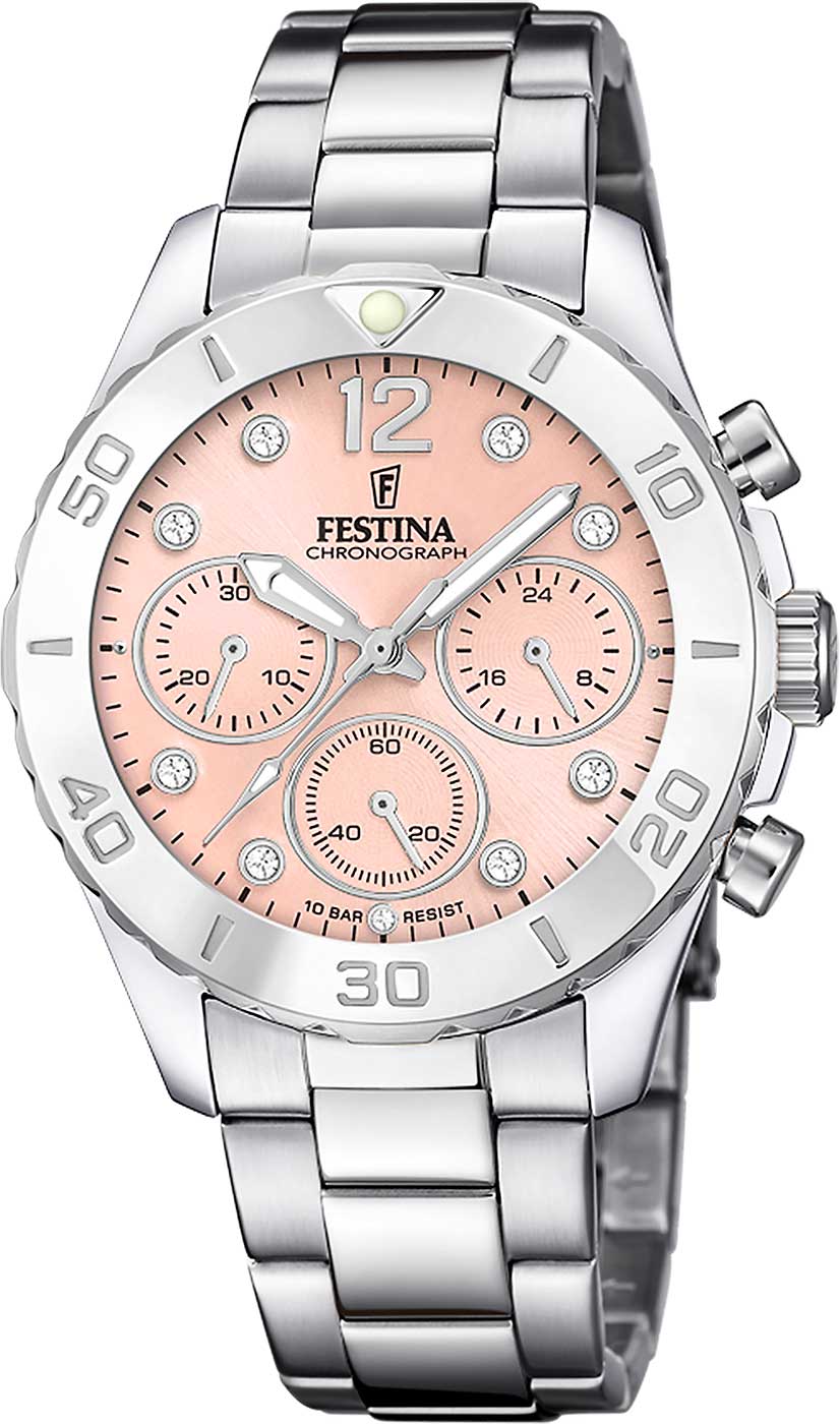 Festina Boyfriend F20603/7 Damenuhr • Rosa Zifferblatt mit Kristallen • Hochwertiger Edelstahl