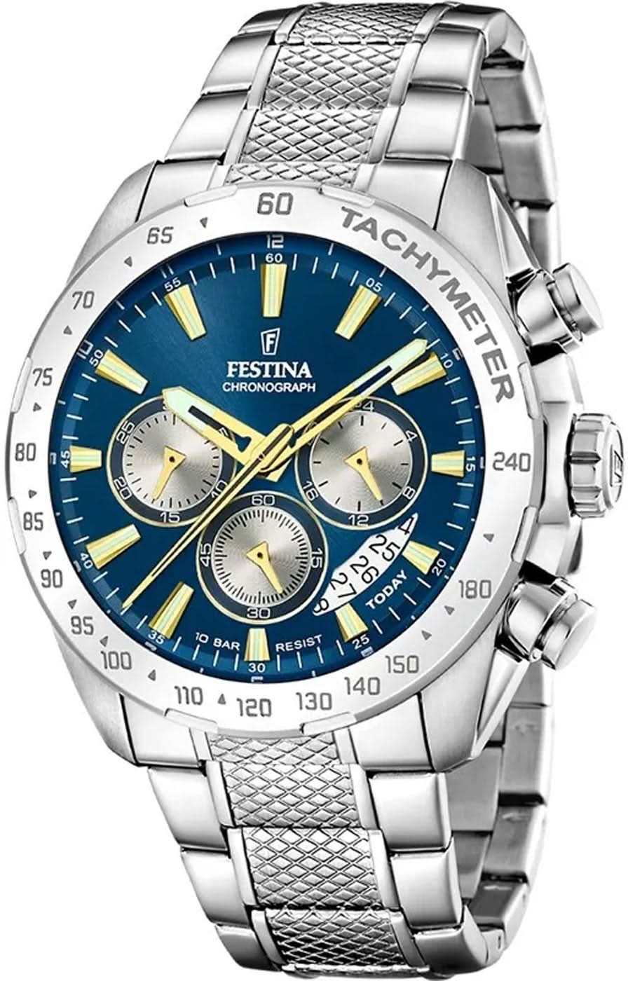Męski zegarek chronograf Festina z bransoletą ze stali szlachetnej, niebieską tarczą i detalami chronografu
