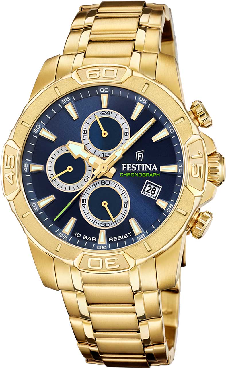 Festina Timeless Chronograph F20705/5 Men's Watch • Blue Dial • Gold Finish