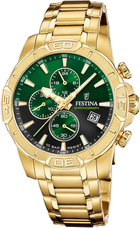 Festina Timeless Chronograph F20705/6 Herrenuhr • Gold-Design & grünes Zifferblatt • 10 ATM Wasserdicht