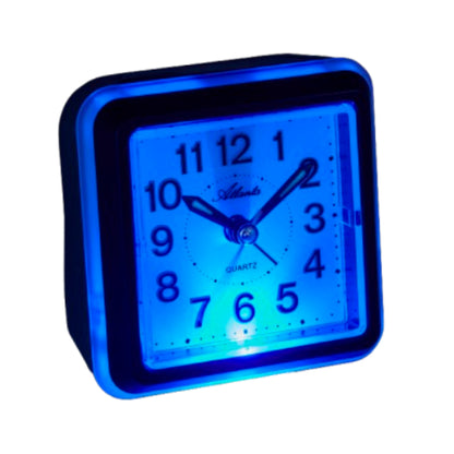 Atlanta Alarm Clock Modern 8x8cm Plastic • Silent Sweep Second Hand • Blue Backlight