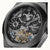 Męski zegarek na rękę w kolorze czarnym z widocznym mechanizmem automatycznym i funkcją dual time