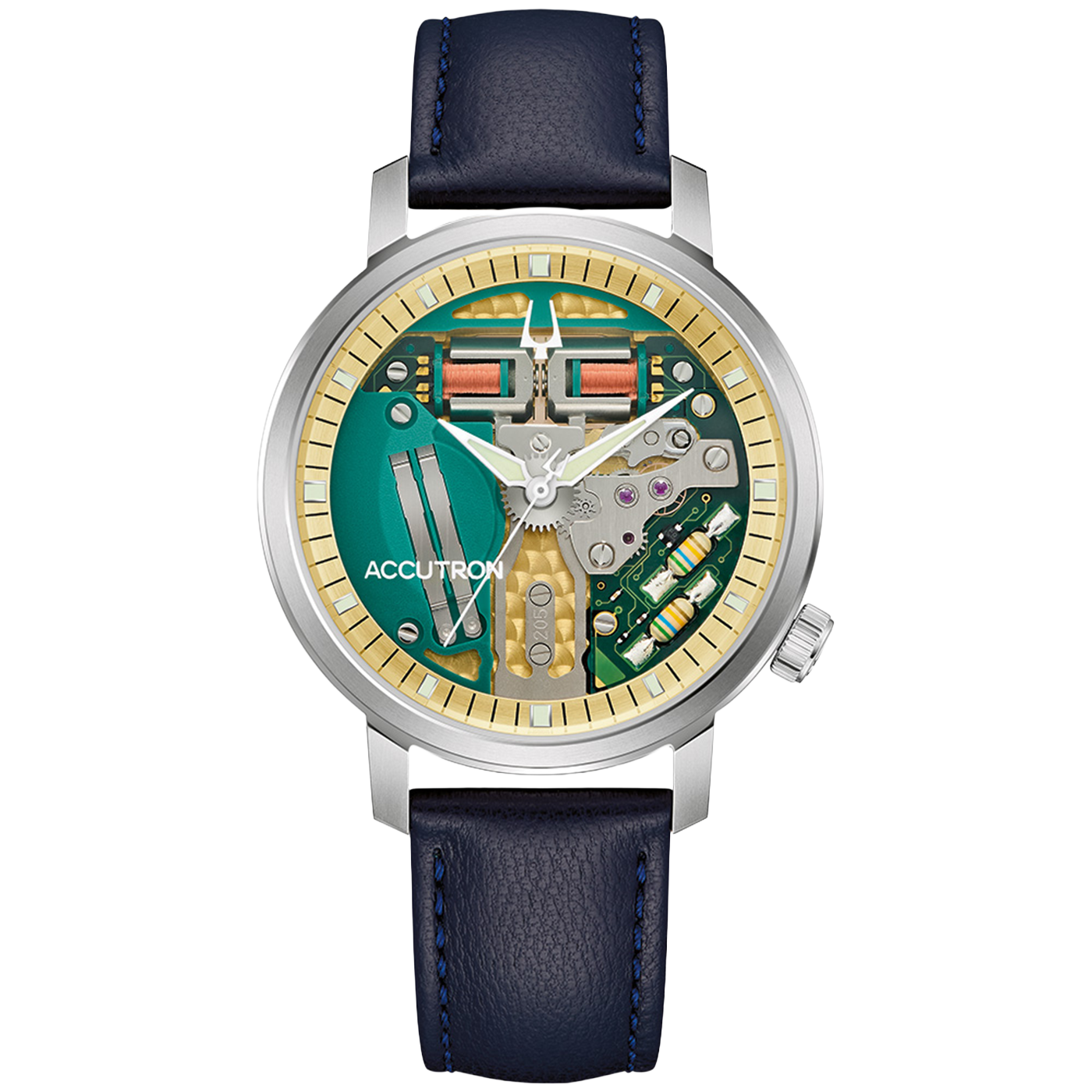 Zegarek Bulova Accutron z zieloną tarczą typu skeleton i niebieskim skórzanym paskiem