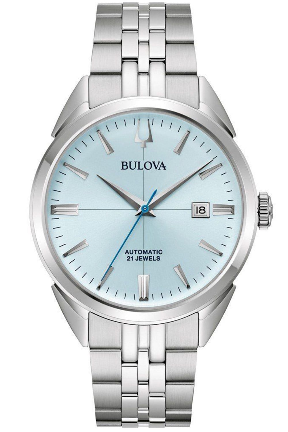 Zegarek męski automatyczny Bulova, srebrna metalowa bransoleta, niebieska tarcza, datownik na godzinie 3
