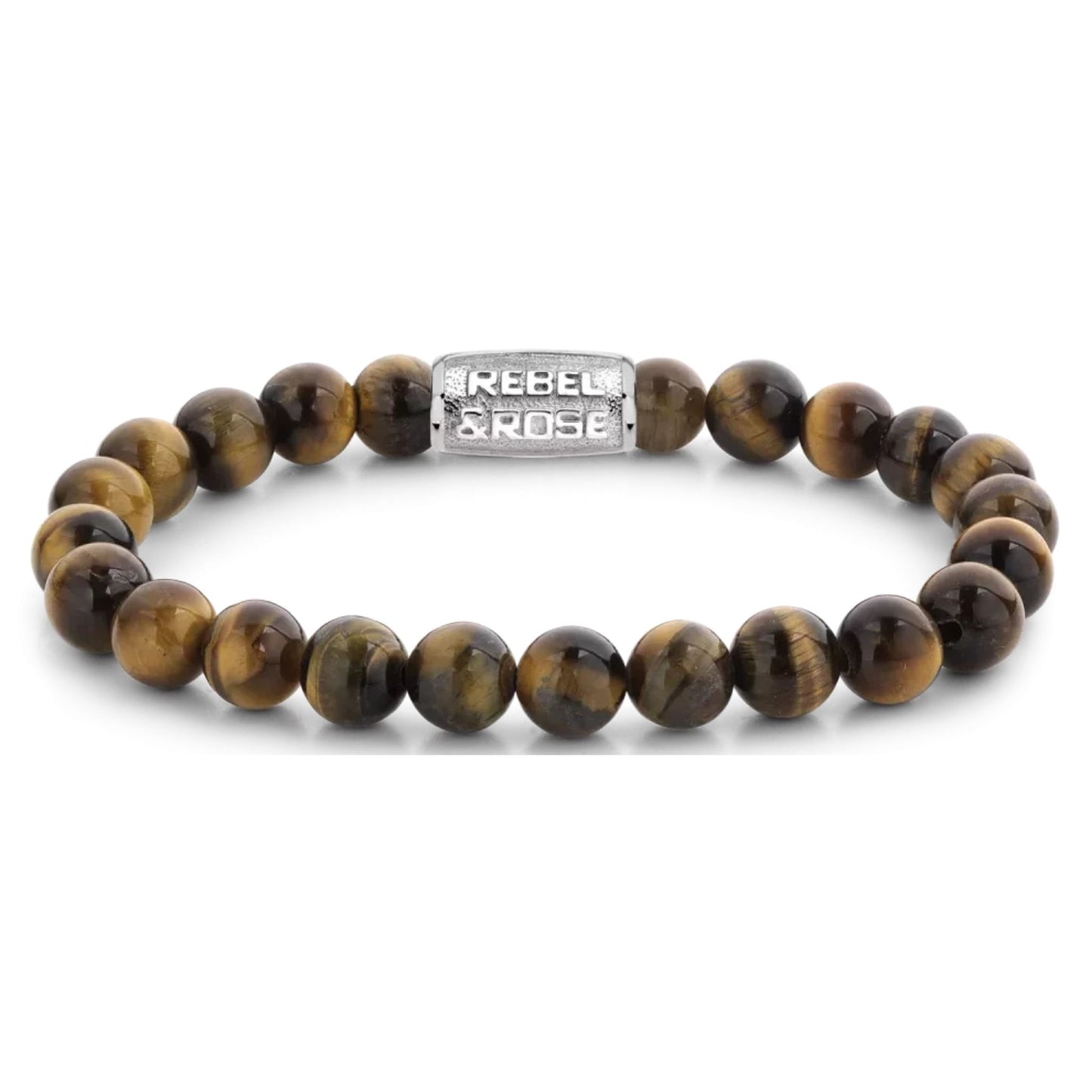 Armband aus 8mm großen Tigerauge-Steinen mit Edelstahlverschluss - Rebel&Rose Modell: RR-80042-S-L