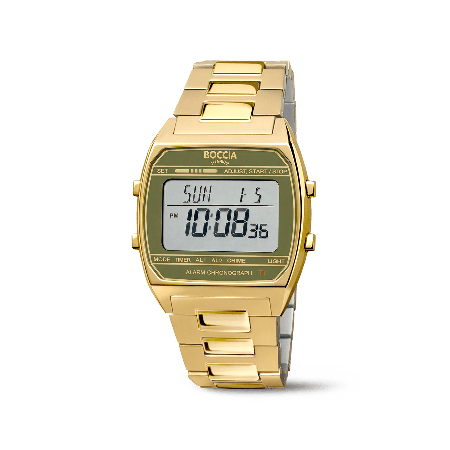 Boccia Digitaler Chronograph: goldplattierte Armbanduhr mit Titanarmband und Digitalanzeige.