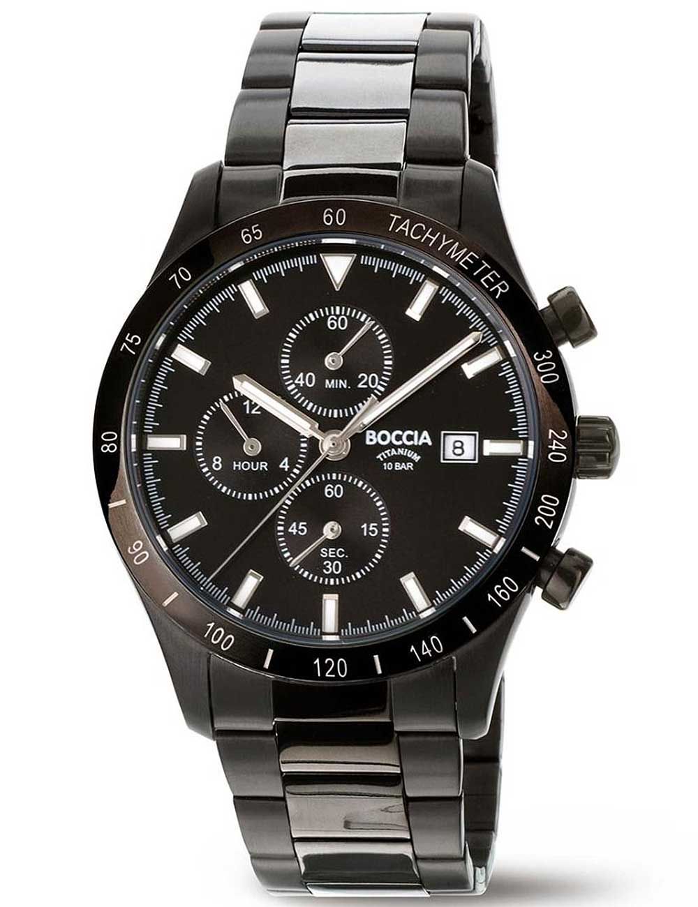Męski zegarek typu chronograf z czarną tarczą, datownikiem i metalową bransoletą