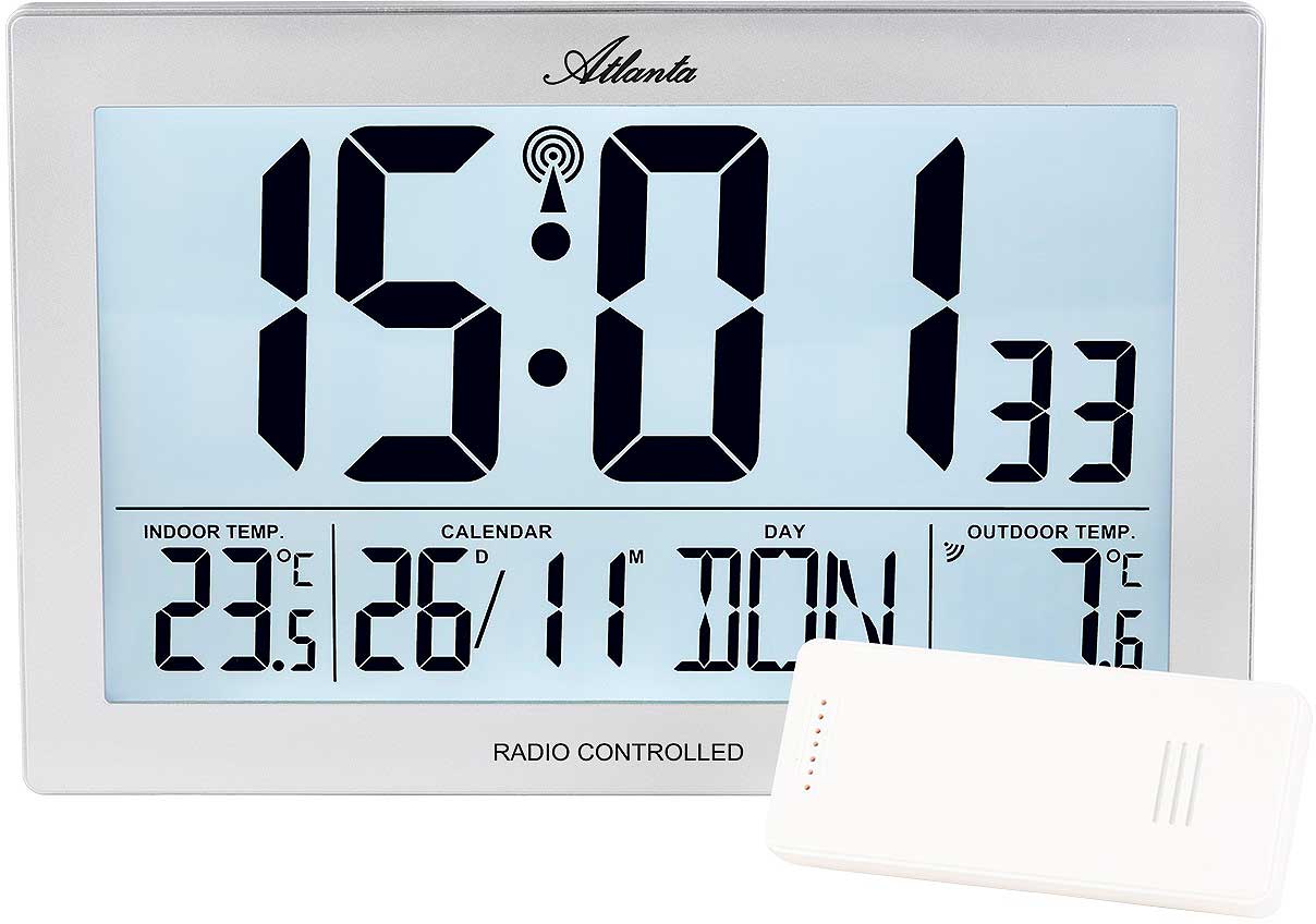 Atlanta Wall Clock 22.5x15 cm Plastic • Automatic Time Adjustment • Indoor/Outdoor Temperature • Alarm