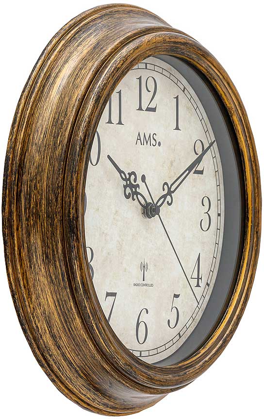 Horloge murale AMS 30 cm Ø Plastique • Précision radiopilotée • Aspect bois antique