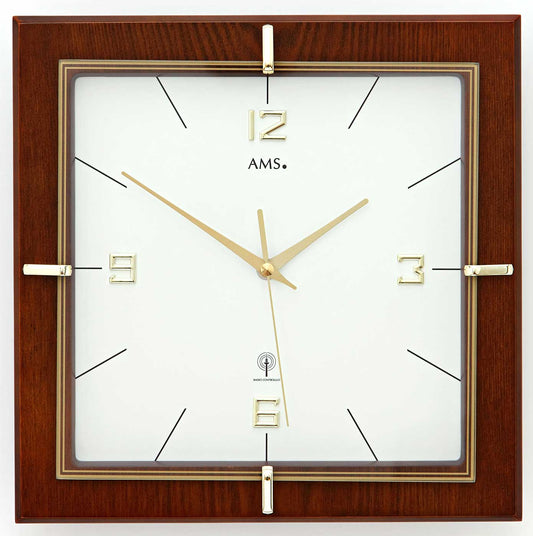 Horloge murale AMS 29x29x5 cm Noyer • Design moderne • Radiopilotée