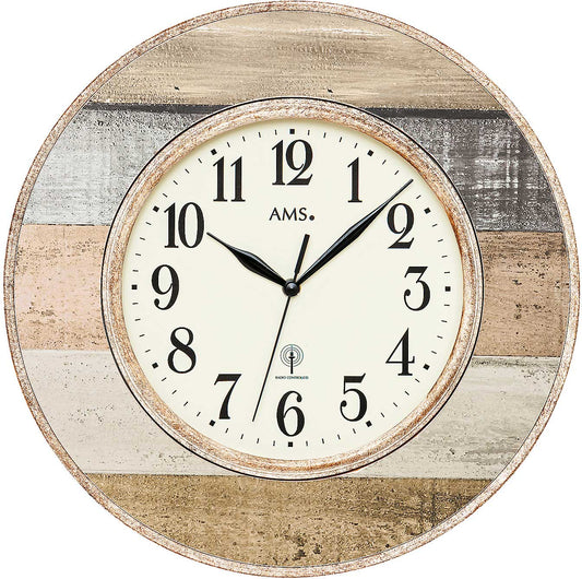 AMS Horloge murale 35 cm Ø bois et plastique • Mouvement à quartz radio-piloté • Design épuré