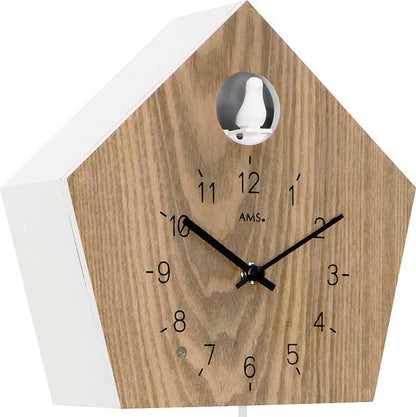 AMS Wall Clock 22x22x8 cm Wood • Cuckoo Call with Night Shut-off • Modern Oak and White Design