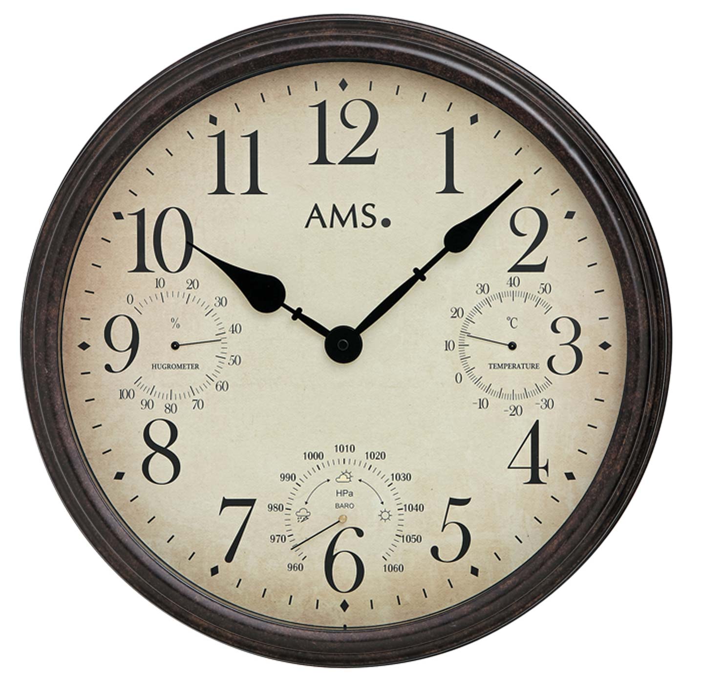 AMS Wall Clock 42 cm Ø Metal • With Weather Functions • Silent Quartz Movement