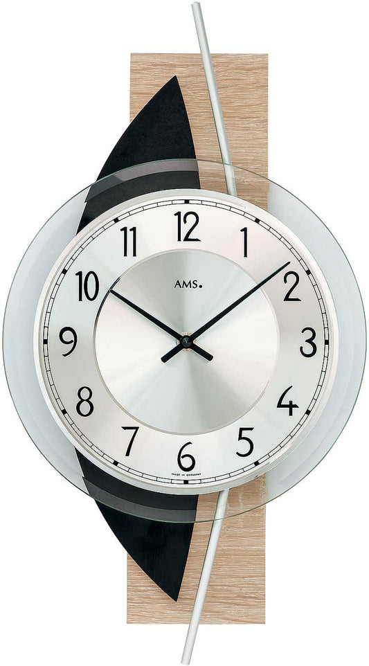 AMS Wanduhr 42x23x6 cm Holz • Geräuschloses Quarzwerk • Modernes Design mit Materialmix