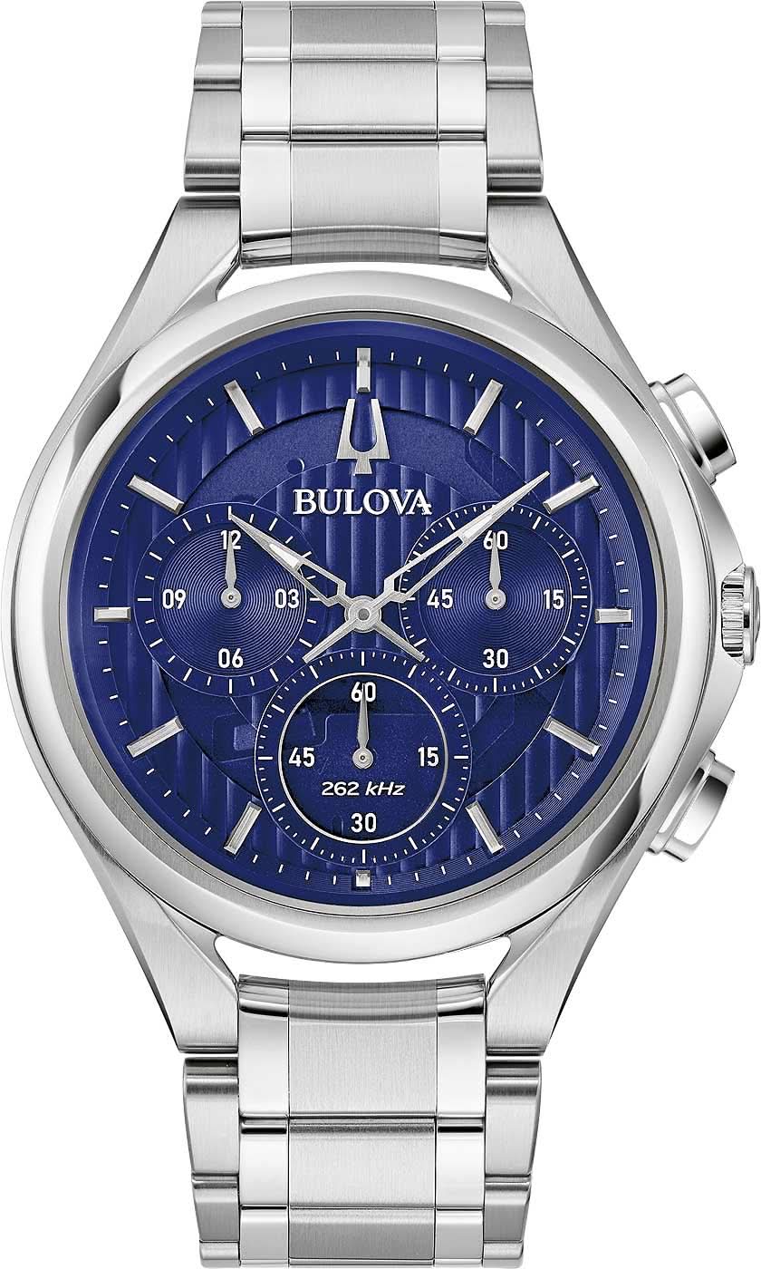 Zegarek męski Bulova: niebieska tarcza, chronograf, zakrzywiona koperta ze stali szlachetnej, metalowa bransoleta