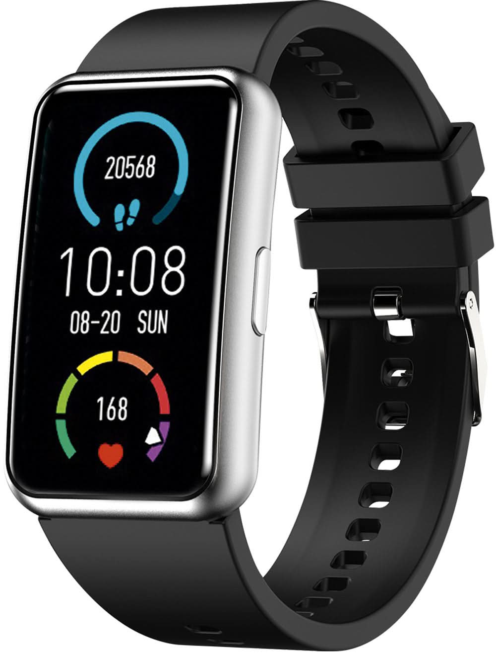 Srebrny smartwatch z czarnym silikonowym paskiem, wyświetlacz z godziną i ikonami.