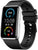 Srebrny smartwatch z czarnym silikonowym paskiem, wyświetlacz z godziną i ikonami.