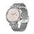 Smartwatch in Silber mit Meshband und rundem Display, beiges Zifferblatt mit Chrono-Optik