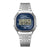 Srebrny zegarek Casio z metalową bransoletą i niebieską tarczą cyfrową