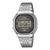Zegarek cyfrowy Casio Vintage, widok z przodu: srebrna bransoleta ze stali szlachetnej i czarny wyświetlacz
