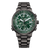 Zegarek męski z zieloną tarczą, czarnymi subtarczami chronografu i czarną metalową bransoletą