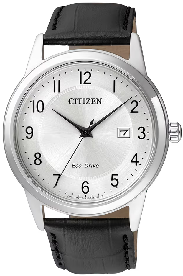 Zegarek męski Citizen Eco-Drive ze srebrną tarczą i czarnym skórzanym paskiem, okrągły