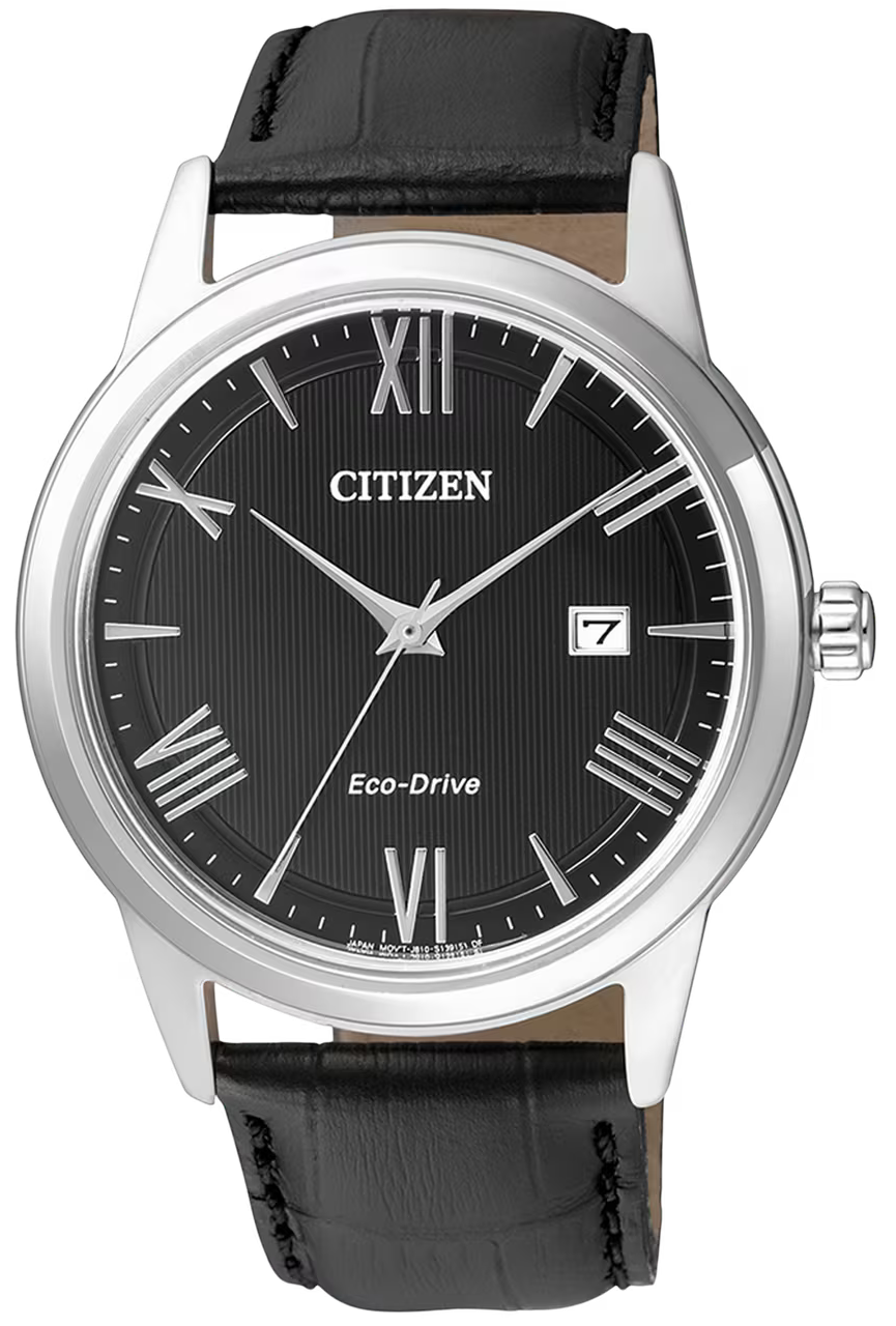 Zegarek męski Citizen z czarną tarczą, srebrną kopertą i ciemnym skórzanym paskiem