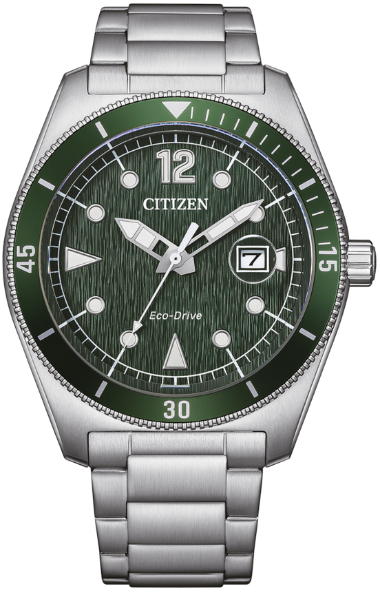 Męski zegarek na rękę z zieloną tarczą, logo CITIZEN i srebrną metalową bransoletą