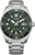Męski zegarek na rękę z zieloną tarczą, logo CITIZEN i srebrną metalową bransoletą