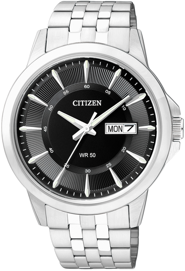 Męski zegarek Citizen ze stali szlachetnej, czarna tarcza, datownik Day-Date „PON”