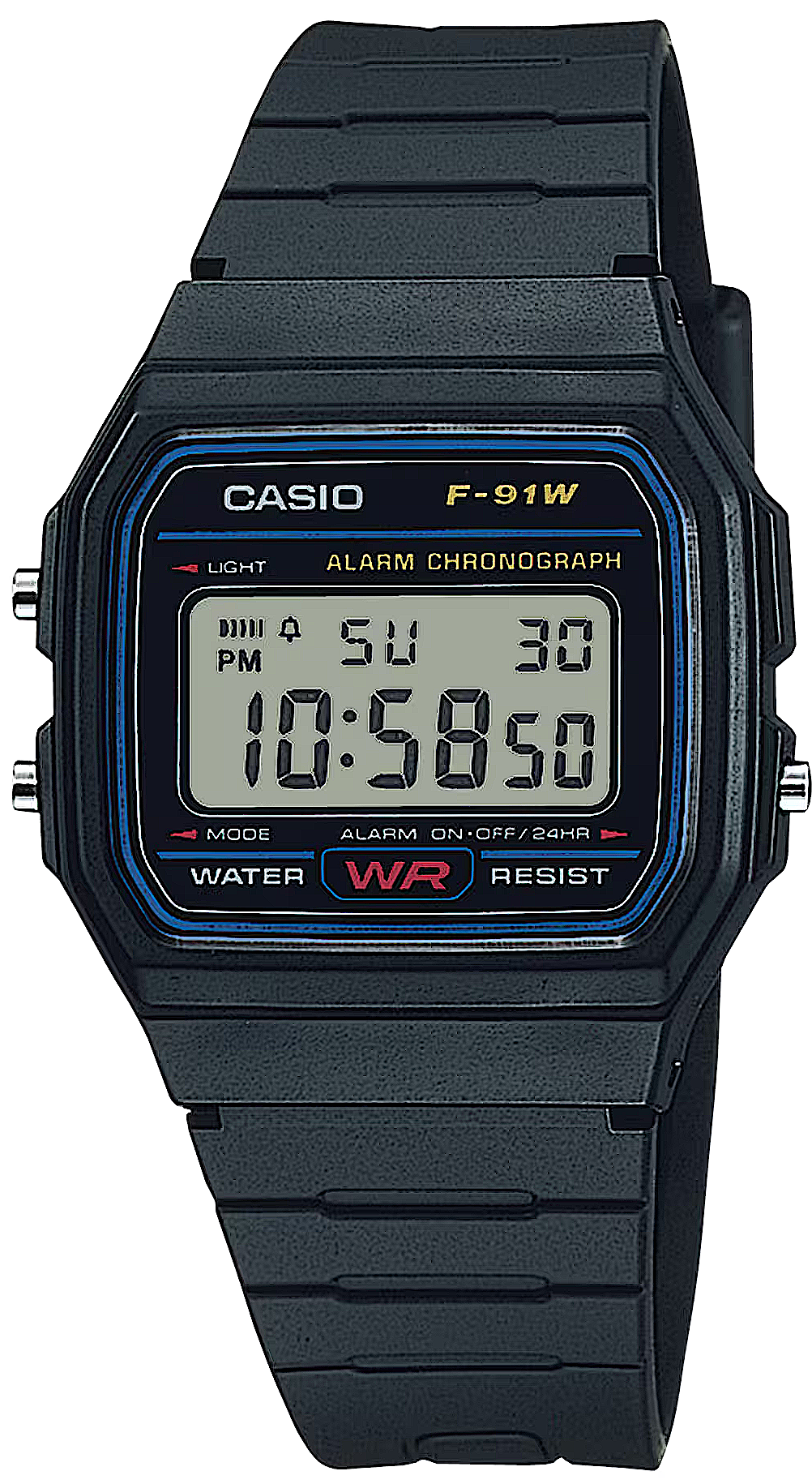 Cyfrowy zegarek Casio z granatowym silikonowym paskiem oraz wyświetlaczem z niebieską ramką i cyframi