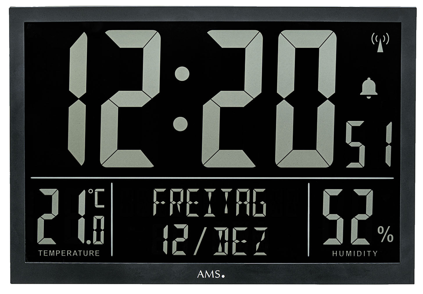 AMS Wanduhr Kunststoff • Präzise Funkzeit • Komfortable Klima-Anzeige