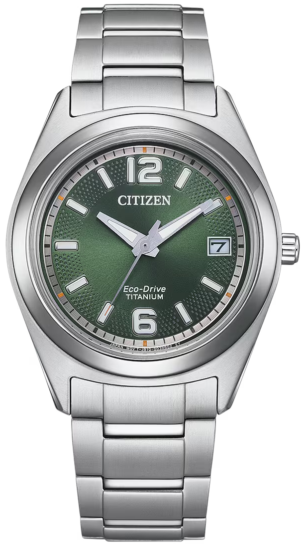 Zegarek damski Citizen z zieloną tarczą i metalową bransoletą, Eco-Drive, wygląd tytanu